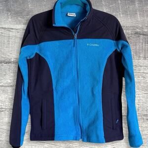 Columbia Full Zip Fleece Jacket Womens L Two Tone Blue Stand Collar Pockets